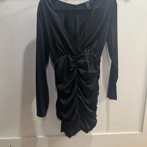 Forever 21 Black Ruched Long-Sleeve Wrap-Style Dress